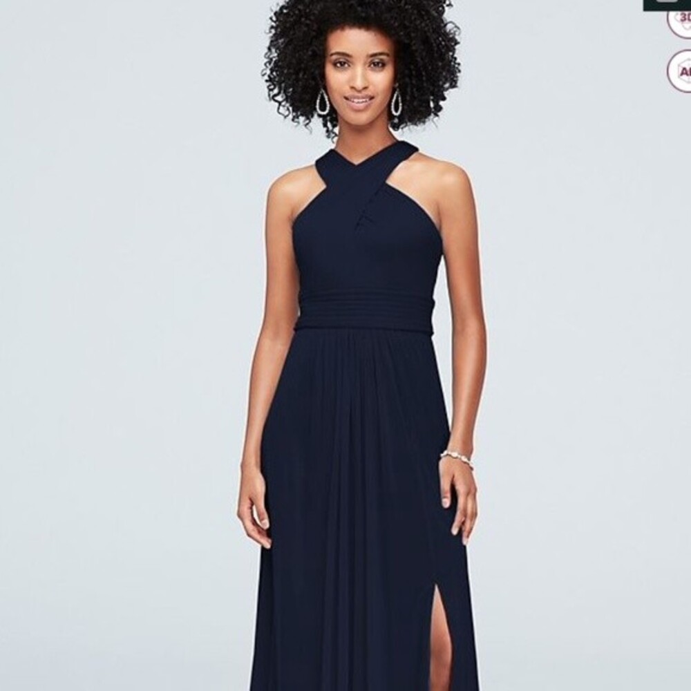 David’s Bridal Crisscross High Neck Mesh Bridesmaid Dress Marine Y Neck size 6